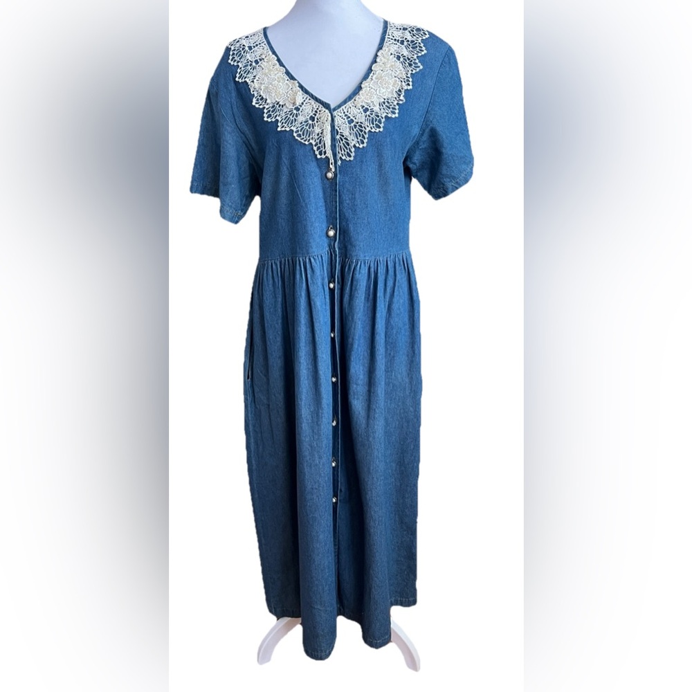 AMY’S ATTIC Vintage 90s 100% Cotton Denim Prairie Dress With Lace Sz Medium